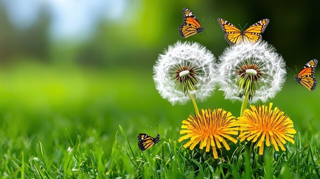 Fototapeta Orange Butterflies and Dandelion Clocks in Sunny Field