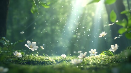 Spring in the forest, beautiful fantasy dreamlike spring illustration
