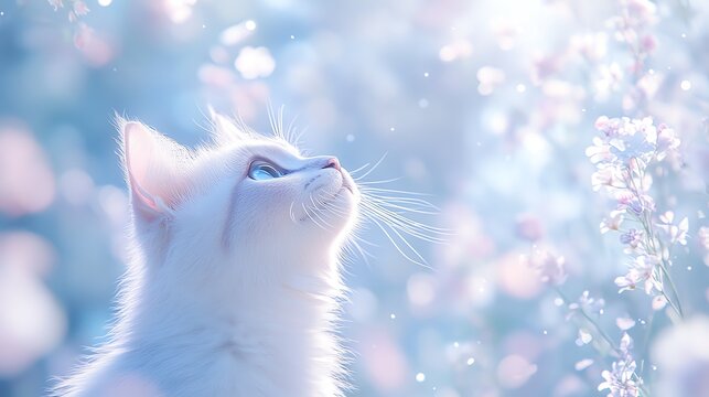 A beautiful anime cat with pale, flowing fur, and big blue eyes. 