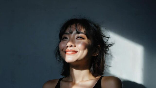 A young woman basking in the glow of sunlight, radiating happiness and serenity. Her genuine smile reflects a moment of pure joy and contentment