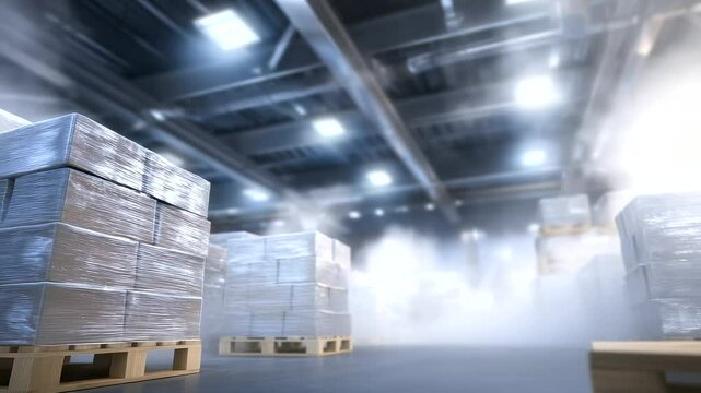 Interior of cold storage logistics center, misty air surrounds rows of neatly stacked food pallets, showcasing temperature-sensitive transport.
