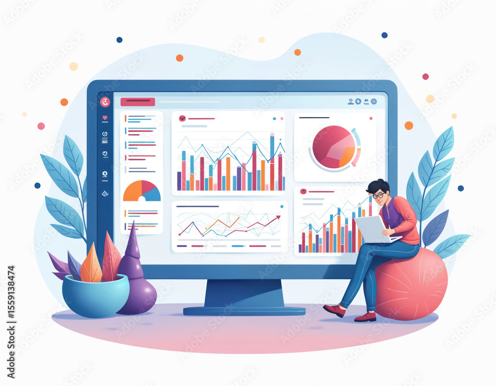 Poster Data analytics dashboard concept with charts graphs. Analyst working on laptop. Business report, finance statistics, marketing, digital information visualization. Modern data management.
