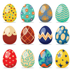Set of 12 color Easter Eggs with pattern in white background. Design elements for holiday cards. Easter collection with different texture. Cartoon flat style Vector illustration