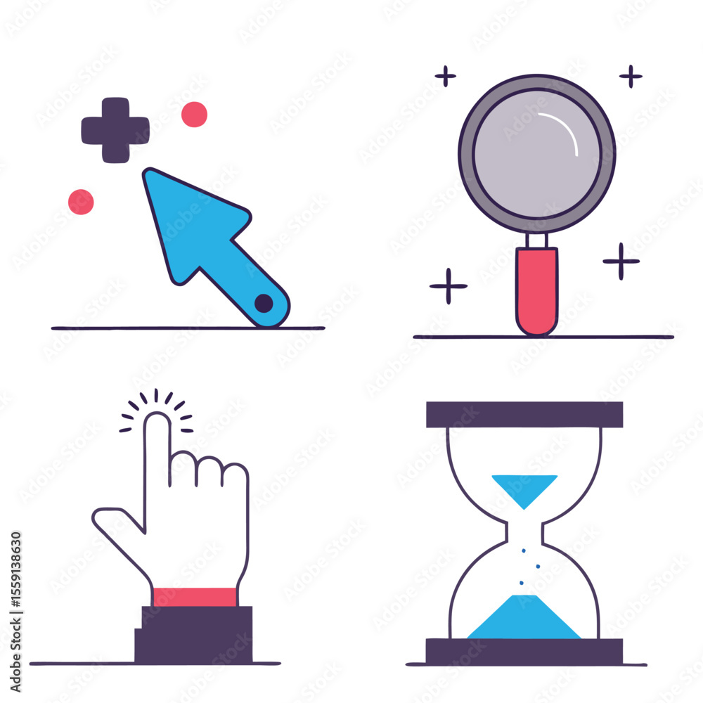 Poster collection of four flat design icons representing actions and concepts