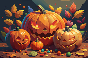 Spooky Jack-o'-Lantern Pumpkins with Creepy Faces, Candy Corn, and Autumn Leaves in a Festive Halloween Illustration on Dark Background – Generative AI