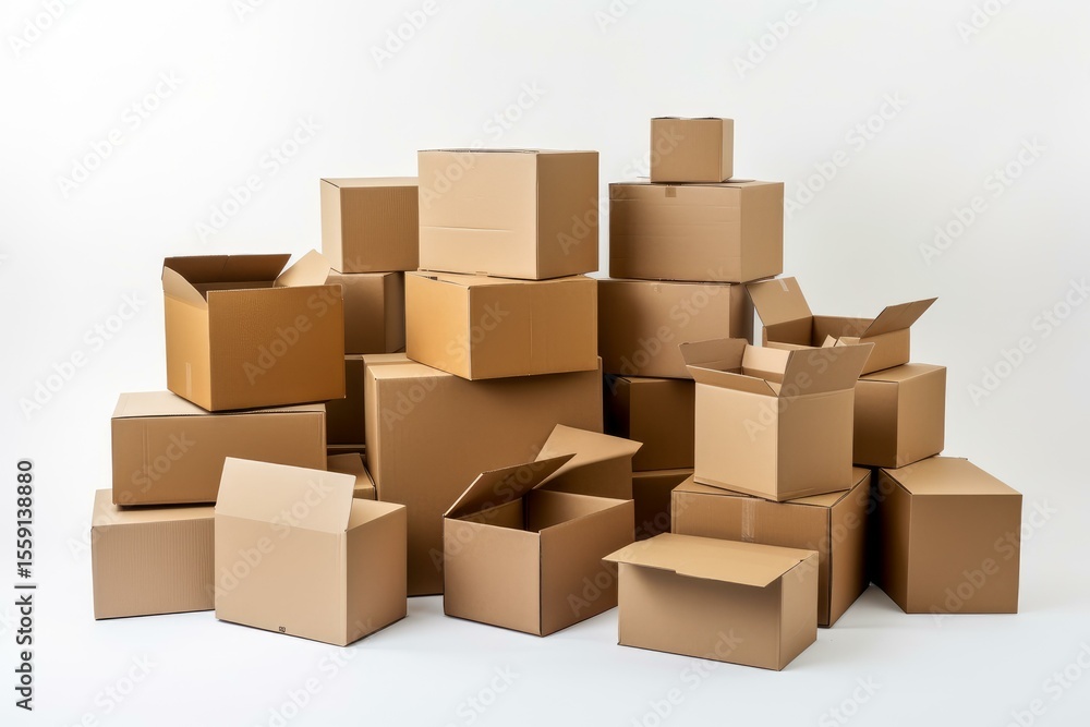 Poster many different sized moving boxes stacked together creating a large pile against a white backdrop