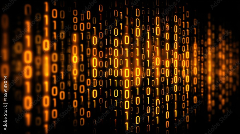 Poster glowing orange binary code streams vertically in a dark environment. the vivid contrast highlights t