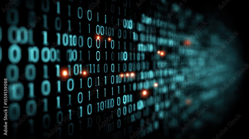 Fototapete binary code flows seamlessly across a dark backdrop, representing the continuous movement of digital