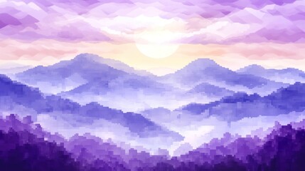 Pixelated Mountain Landscape at Sunset: Purple Hues, Digital Art, Serene Vistas.