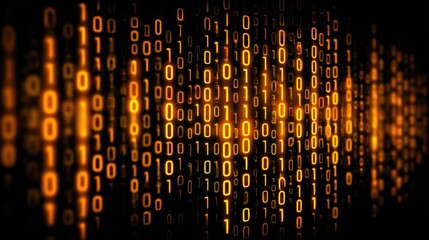 Glowing orange binary code streams vertically in a dark environment. The vivid contrast highlights the flow of data in a digital landscape, suggesting advanced technology or coding activity.