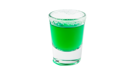 A beautifully presented green cocktail shot with a sugared rim against a dark background.