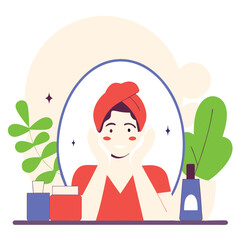 Young woman performing skincare routine in front of mirror with plants