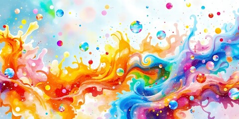 Abstract watercolor painting with vibrant colors and floating spheres in the background