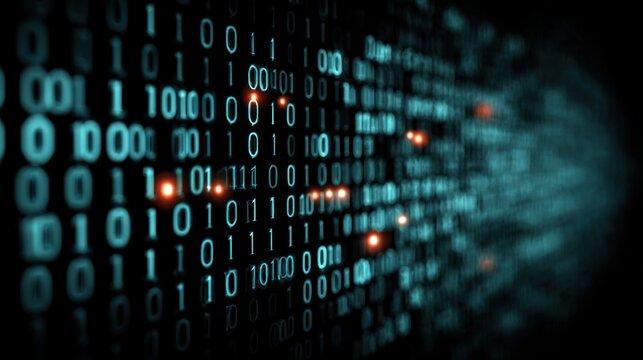 Binary code flows seamlessly across a dark backdrop, representing the continuous movement of digital information. This scene highlights the essence of technology and data transmission. - Powered by Adobe