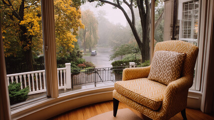 Cozy armchair by a bay window offers a serene view of a misty autumn street.