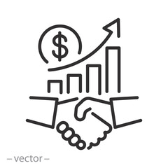successful business deal icon, handshake partnership, good business cooperation, financial stat growth up, chart progress marketing, thin line symbol on white background - editable stroke vector