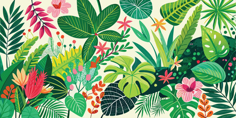 Lush jungle flora vibrant green leaves exotic pink orange flowers foliage tropical
