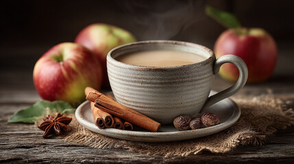 Steaming spiced beverage in a rustic mug with aromatic cinnamon and fresh apples on a wooden table.