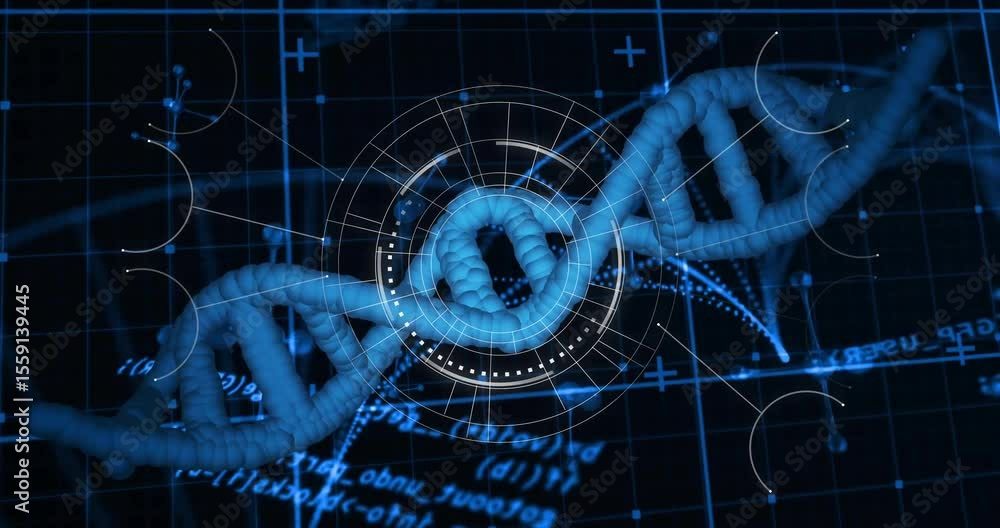 Poster dna helix appearing on dark blue grid background starting hud scanning while rotating anticlockwise