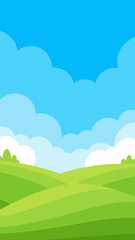 Obraz premium Cartoon Landscape with Green Hills Blue Sky and White Clouds