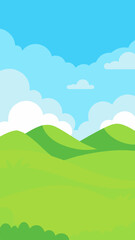 Obraz premium Cartoon Landscape with Green Hills Blue Sky and White Clouds