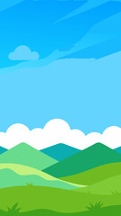 Cartoon Landscape with Green Hills Blue Sky and White Clouds