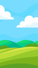 Obraz premium Cartoon Landscape with Green Hills Field Blue Sky and Clouds
