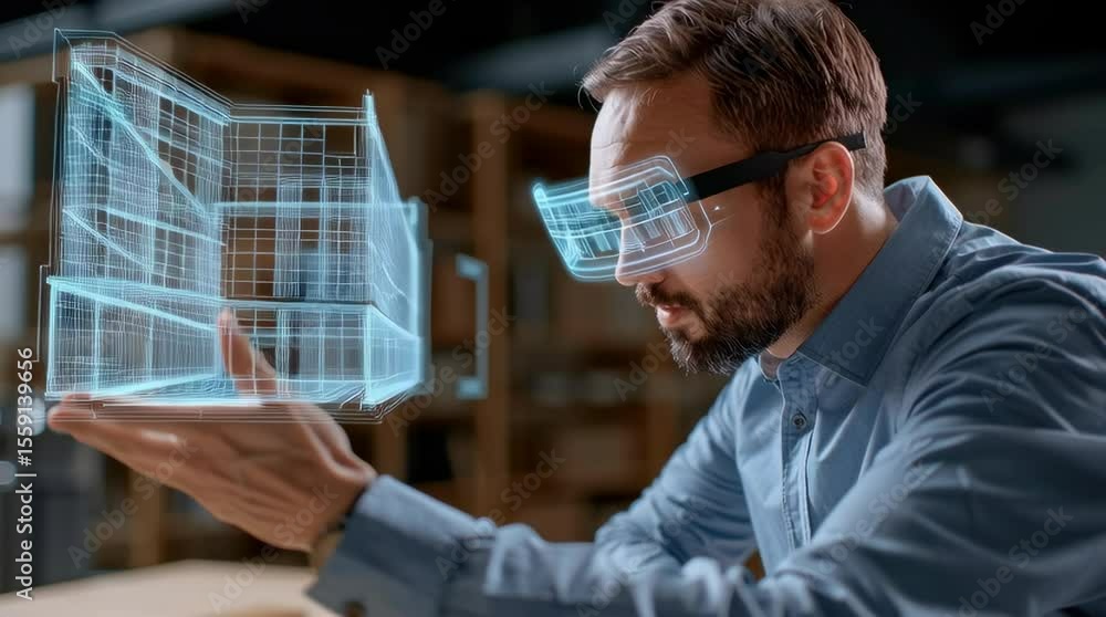 Poster Architect using augmented reality glasses to visualize building design with digital 3D model technology showcasing innovation and professional architectural design concepts modern workspace