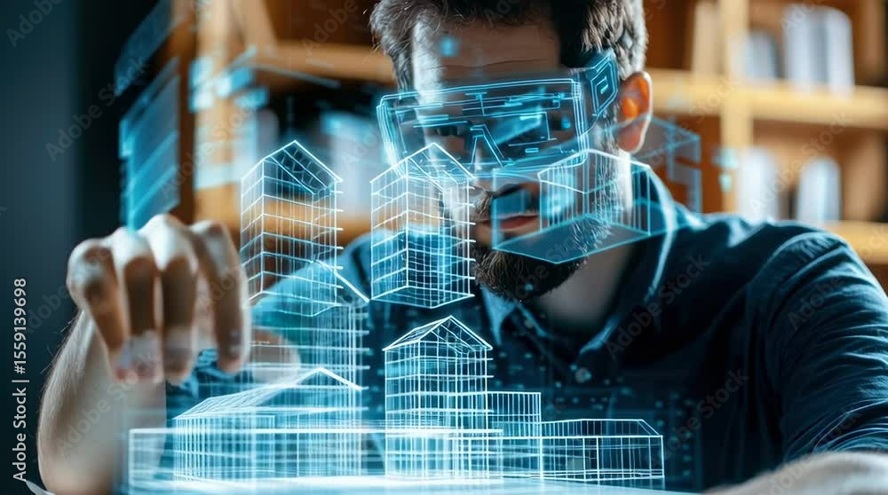 Poster man wearing virtual reality glasses interacting with 3d architectural building models in digital fut