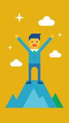 Cartoon Man on Mountain Top with Arms Raised in Success