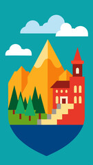 Fototapeta premium Stylized Landscape with Mountains Trees Building and Water in Shield Shape