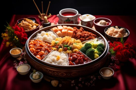 Big poon choi being served during the chinese lunar new year, along with other traditional dishes and flowers for decoration
