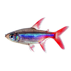 Fototapeta premium A vibrant red and blue fish isolated on black background showcasing its iridescent scales and fins