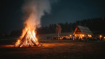 A vibrant bonfire illuminates a festive night gathering by a rustic cabin under the dark sky.