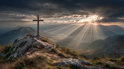 Obraz premium A wooden cross stands on a rocky outcrop under a dramatic sky filled with clouds and sunlight breaking through. Mountains stretch into the distance, creating a serene atmosphere.