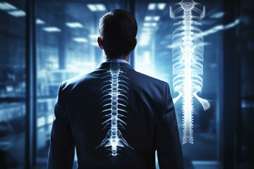 Businessman looking at holographic image of human spine and rib cage