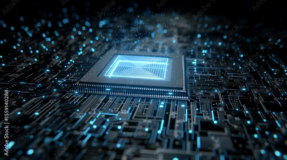 Poster glowing blue microchip on digital circuit board with intricate electronic pathways, futuristic techn