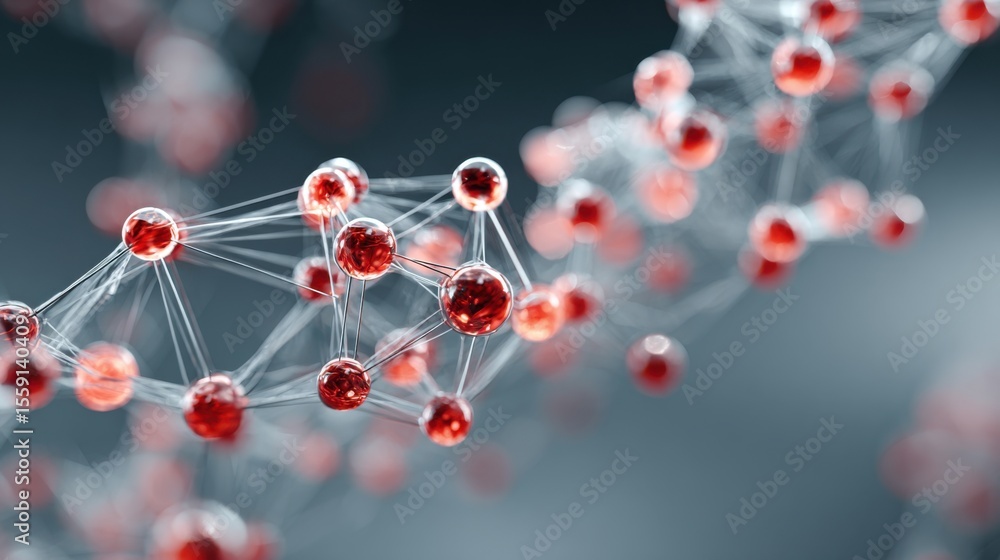Poster a detailed view of a molecular structure featuring interconnected atoms represented as red particles