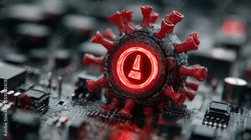 Poster a striking visual displays a virus symbol in red glowing light placed on a complex circuit board. th