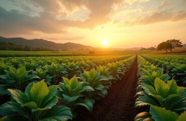 Tobacco field at sunrise. Agriculture landscape, golden hour sunlight. Green tobacco plants, farmland, rural scenery. Farming, nature, crop, countryside, horizon, agriculture eco concept.