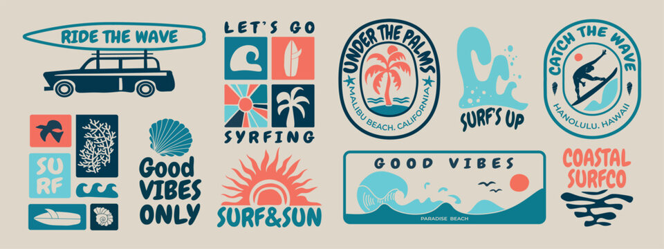 Retro surf club badge collection with ocean waves, palm trees, and tropical sun. Vintage vector emblems for t-shirt prints, beachwear design, summer logos, and coastal branding projects.	