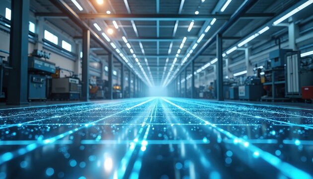 Industrial factory floor with digital network overlay. Technology, automation in smart manufacturing process. Innovation, futuristic concepts of cybernetic production, digital transformation in