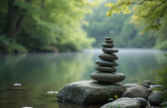 Zen stones stacked on rock at water edge. Rocks balance, river scene, calm meditation, nature peace, tranquil zen-like landscape. Mindfulness, harmony, balance, well-being. - Powered by Adobe