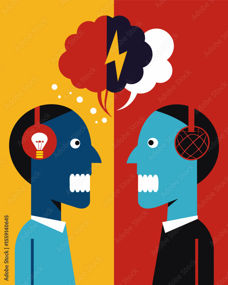 Poster two voices constantly vying for control creating discord and disharmony within the mind.. vector ill