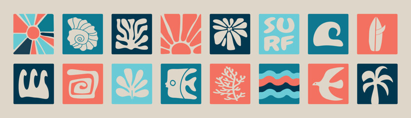 Retro tropical surf vector set featuring waves, sun, surfboards, and palm trees. Perfect for t-shirt prints, summer posters, beach stickers, and coastal branding. Bold vintage color palette. © Loya.art