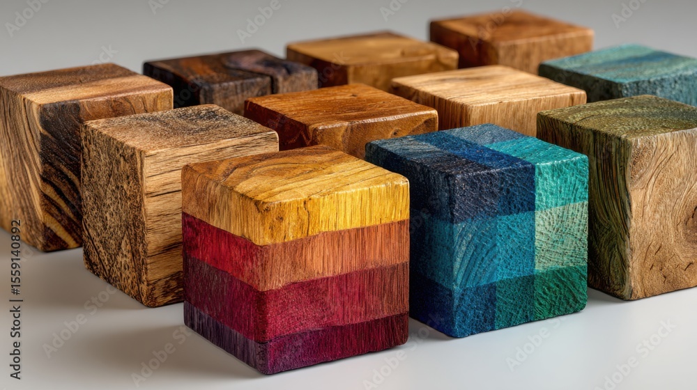 Poster various wooden blocks crafted in vibrant colors are arranged neatly on a light surface. each block s