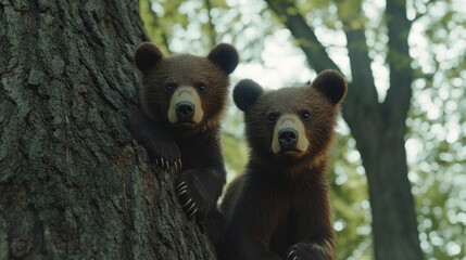 Obraz premium Two bear cubs on a tree trunk