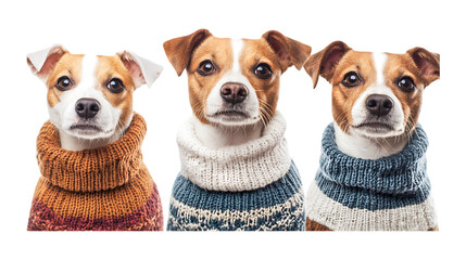 Pack Collection Three Jack Russell Terriers in Knitted Sweaters Winter Pet Fashion Photography set against transparent background