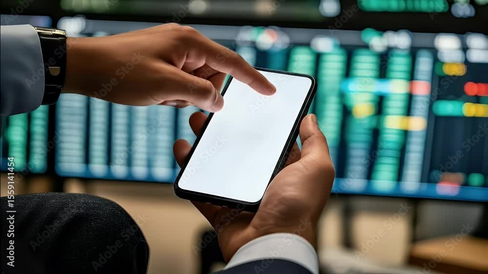 Poster man uses a smartphone before a blue stock chart background in suit