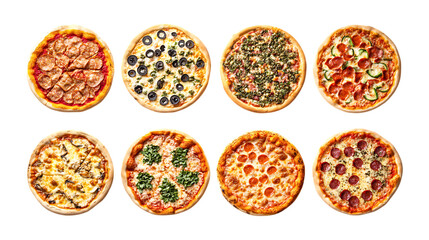 Pack Collection Delicious Pizza Varieties A Culinary Collection of Eight Gourmet Pies set against transparent background